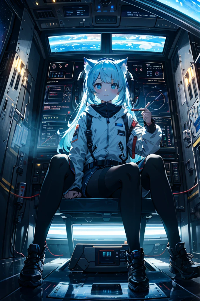 1girl, RGB multicolor luminous connected device fixed seated woman operating (familiar face), cat ears, side table, spacecraft, airspeed indicator, altimeter, horizon, heading, direction indicator, altimeter , toggle switches, aircraft control levers, multicolor function displays, seat belts, front protective glass, side protective glass, outer space. (Enlarged photo of spaceship cockpit: 1.5x) smile, A fantasy world, the magnificent and charming Celestia, and a cute world.