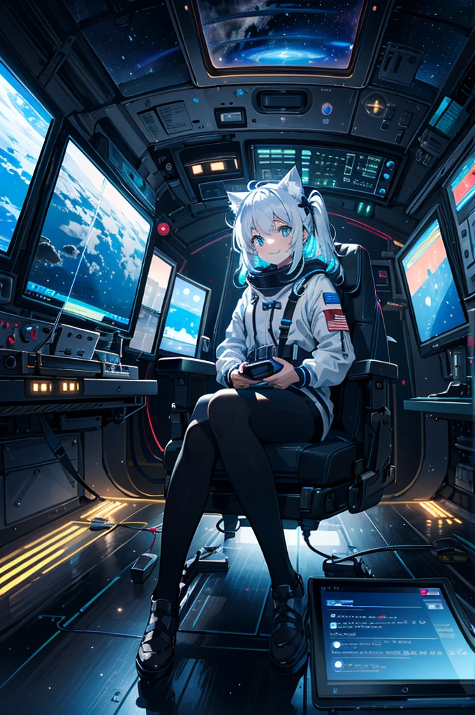 1girl, RGB multicolor luminous connected device fixed seated woman operating (familiar face), cat ears, side table, spacecraft, airspeed indicator, altimeter, horizon, heading, direction indicator, altimeter , toggle switches, aircraft control levers, multicolor function displays, seat belts, front protective glass, side protective glass, outer space. (Enlarged photo of spaceship cockpit: 1.5x) smile, A fantasy world, the magnificent and charming Celestia, and a cute world.