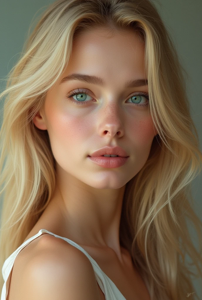 woman , golden hair, Turquoise eyes,Almost realistic,A calm face