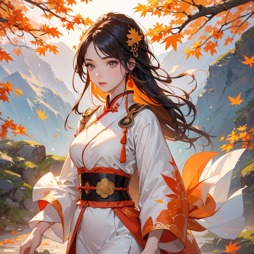 A beautiful female general holding a big spear in white ancient Chinese general costume, walking In the middle of a spring mountain ,the backdrop is a mountain that turns orange-red in spring, and maple leaves fall from the trees. The sun shines and the sun rises, close up.
