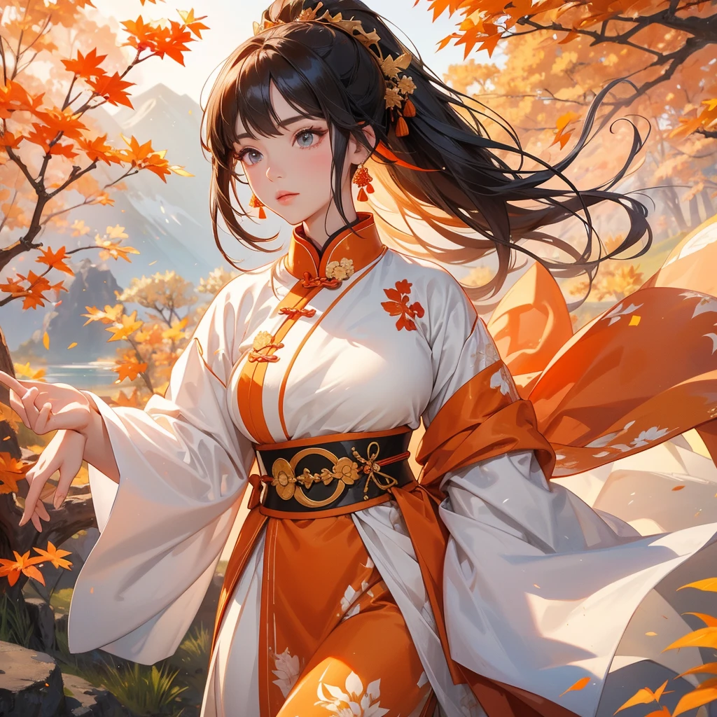 A beautiful female general holding a big spear in white ancient Chinese general costume, walking In the middle of a spring mountain ,the backdrop is a mountain that turns orange-red in spring, and maple leaves fall from the trees. The sun shines and the sun rises, close up.