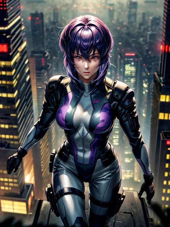 Ghost in the Shell, Motoko Kusanagi, Purple short bob cut, Hair between the eyes, Slightly asymmetrical bangs, ((Optical Camouflage Suit, Optical camouflage suit from the neck down)), Jump up into the sky, view From above, The background is Tokyo's buildings at night, Reflective and shiny, ((Night Scenery)), Lots of window lights, Glitching, ((masterpiece, best quality, high resolution))