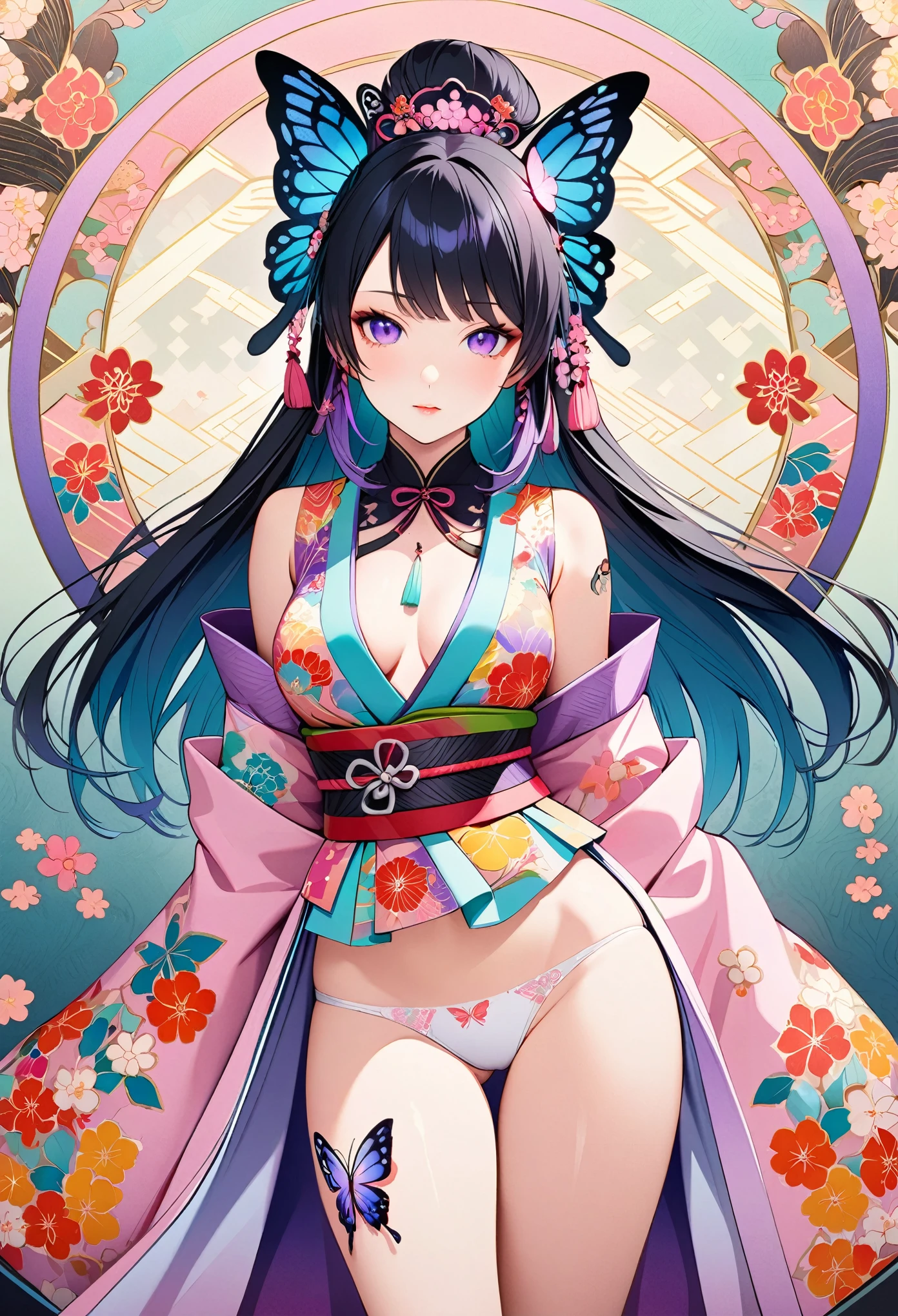 A mesmerizing surreal illustration of a young japanese woman resembling Shinobu Kouchou. She has black hair, purple eyes, a butterfly hair ornament, and wears a vibrant pastel colored outfit adorned with intricate floral patterns. She has a smooth, warm complexion, and bold, colorful tattoos cover her arms and legs. The tattoos feature traditional Japanese motifs like flowers and mythical creatures, rendered with meticulous detail in a pastel color palette. The background is a vintage floral-patterned wallpaper that complements the artwork's colors. The line work is precise, with delicate shading that gives the illustration a 3D quality. The artwork fuses modern illustration techniques with traditional Japanese aesthetics, resulting in a visually striking, portrait, Shinobu_Kocho, butterfly_hairpiece, multicolored_hair, purple_hair, black_hair, medium breasts, slender, arms behind back, white panties, 
