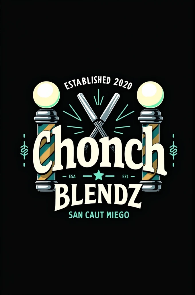 Create a flat vector, illustrative-style emblem logo design for a San Diego barber 'ChonchBlendz' established in 2020 , featuring barber poles , modern straight razors crossed in the center of the company name. Use bright green, blue, grey and white colors to convey trust, premium service and a luxury experience against a black background. English Writing established 2020