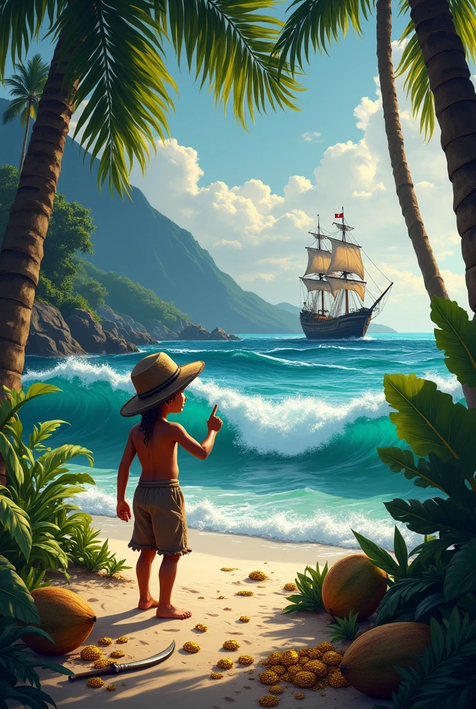 Recreate the painting scene, The girl and the Santa Maria arriving in America, make it as if a thin indigenous child in indigenous clothing were pointing from the beach when the boats arrive, There is a lot of jungle around and a storm with big waves in the sea and in the distance you can see the ships.. On the beach, place a nailed wooden cross that represents the Catholic religion., On the ground there are several objects lying around, such as indigenous weapons., Skulls and helmets of Spanish soldiers scattered all over the beach.