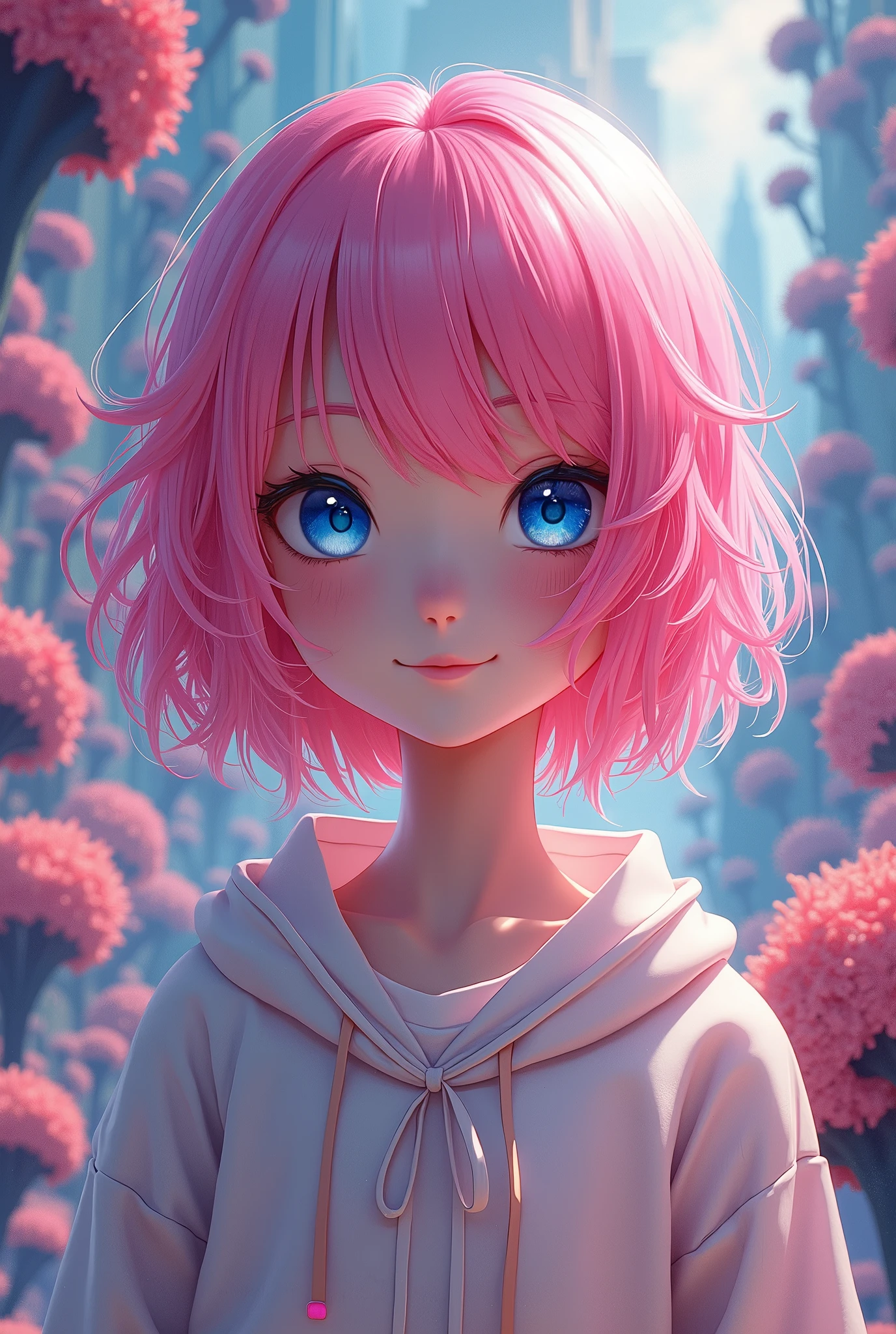 top quality, best quality, official art, beautiful and aesthetic:1.2), (1girl), extreme detailed,(fractal art:1.3),colorful,highest detailed,sorrindo, cabelo rosa brilhante, olhos normal azul, fundo mundo futuristico.