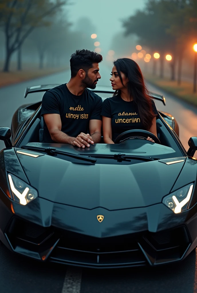 A men named adnan wrote on his t shirt driving on black colour Lamborghini car and a hot sexy women named(Fatima)wrote on her t shirt