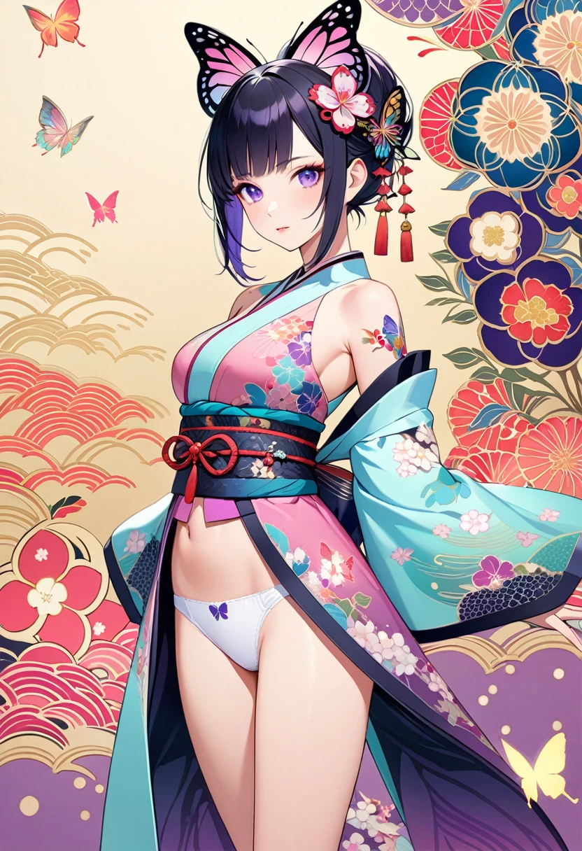 A mesmerizing surreal illustration of a young japanese woman resembling Shinobu Kouchou. She has black hair, purple eyes, a butterfly hair ornament, and wears a vibrant pastel colored outfit adorned with intricate floral patterns. She has a smooth, warm complexion, and bold, colorful tattoos cover her arms and legs. The tattoos feature traditional Japanese motifs like flowers and mythical creatures, rendered with meticulous detail in a pastel color palette. The background is a vintage floral-patterned wallpaper that complements the artwork's colors. The line work is precise, with delicate shading that gives the illustration a 3D quality. The artwork fuses modern illustration techniques with traditional Japanese aesthetics, resulting in a visually striking, portrait, Shinobu_Kocho, butterfly_hairpiece, multicolored_hair, purple_hair, black_hair, medium breasts, slender, arms behind back, white panties, 
