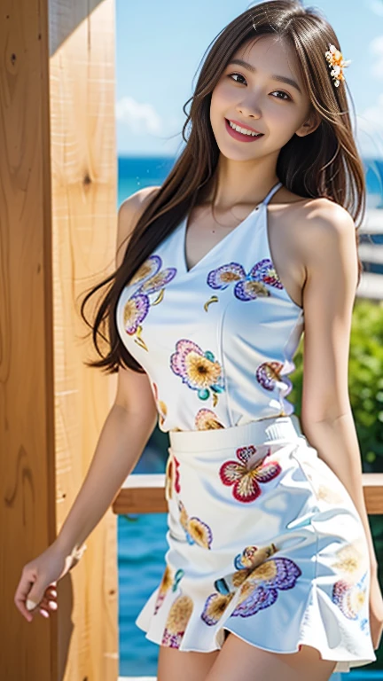 8k,Ultra HD, masterpiece,1 person, Nice face, Long Hair, Detailed eyes, Detailed lips, (Perfect beautiful curves), (Colorful floral dress:1.5), (white:1.5), (Colorful floral detail skirt:1.5),brown one length hair,1６Year,height: 150cm,Young and cute gravure idol,The sun is out,There are clouds in the sky,You can see the ocean,Are standing,nice smile,teeth,