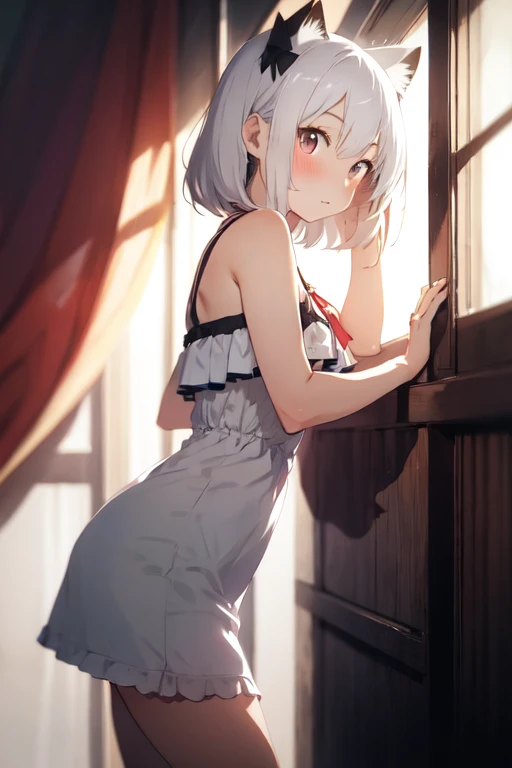 Anime girl with white hair and cat ears, ruby eyes, shy, blush, medium breast, bare legs, shoulders, dress, side view, high contrast, soft light, master piece, extraordinary nice