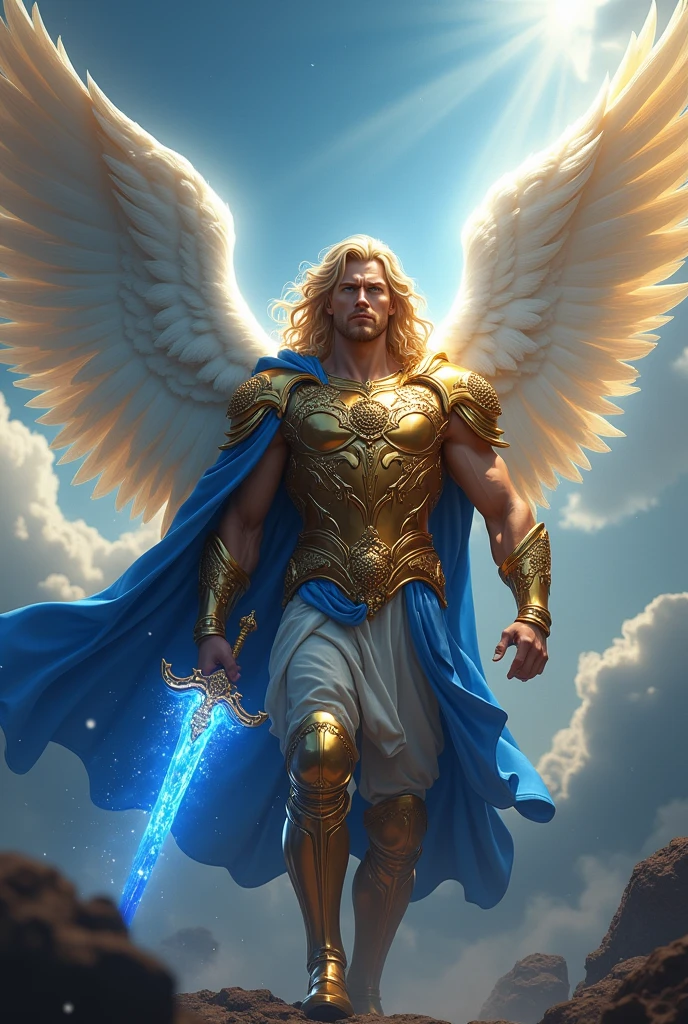 Create a highly detailed and realistic image of Archangel Michael, inspired by the biblical description from the 1611 King James Version of the Bible. Depict him as a commanding celestial warrior with a muscular and athletic body, bright, piercing blue eyes, and long, flowing blonde hair. He should be wearing a golden celestial armor intricately carved with sacred symbols and a flowing royal blue cape draped over his shoulders. Michael holds a flaming sword with blue flames enveloping the blade, radiating divine light, while his massive, detailed wings with white and gold feathers shine intensely. The background is a celestial battlefield, with dense clouds and storms of divine light on the horizon, symbolizing the eternal struggle between good and evil. The lighting should be dramatic, with divine rays illuminating Michael at the center of the image, creating an intense contrast with the background. Use a low-angle perspective to emphasize his grandeur, and apply a depth of field that highlights his figure while slightly blurring the background, adding an ethereal effect to the scene.