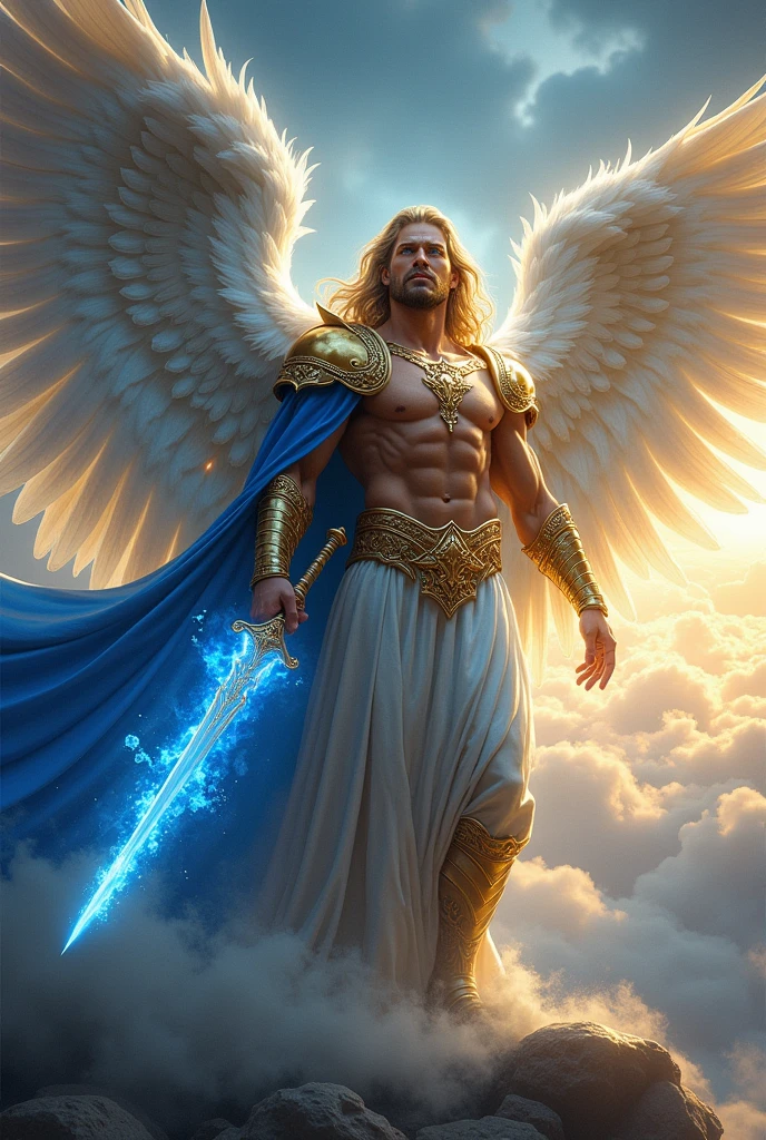 Create a highly detailed and realistic image of Archangel Michael, inspired by the biblical description from the 1611 King James Version of the Bible. Depict him as a commanding celestial warrior with a muscular and athletic body, bright, piercing blue eyes, and long, flowing blonde hair. He should be wearing a golden celestial armor intricately carved with sacred symbols and a flowing royal blue cape draped over his shoulders. Michael holds a flaming sword with blue flames enveloping the blade, radiating divine light, while his massive, detailed wings with white and gold feathers shine intensely. The background is a celestial battlefield, with dense clouds and storms of divine light on the horizon, symbolizing the eternal struggle between good and evil. The lighting should be dramatic, with divine rays illuminating Michael at the center of the image, creating an intense contrast with the background. Use a low-angle perspective to emphasize his grandeur, and apply a depth of field that highlights his figure while slightly blurring the background, adding an ethereal effect to the scene.