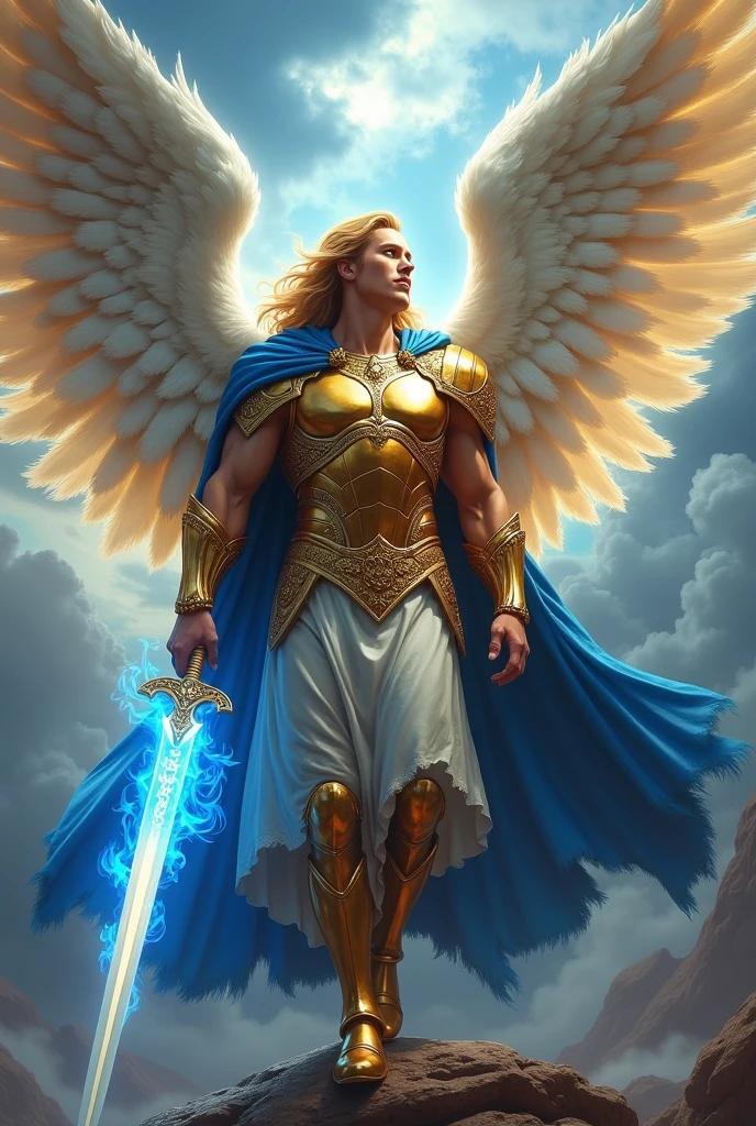 Create a highly detailed and realistic image of Archangel Michael, inspired by the biblical description from the 1611 King James Version of the Bible. Depict him as a commanding celestial warrior with a muscular and athletic body, bright, piercing blue eyes, and long, flowing blonde hair. He should be wearing a golden celestial armor intricately carved with sacred symbols and a flowing royal blue cape draped over his shoulders. Michael holds a flaming sword with blue flames enveloping the blade, radiating divine light, while his massive, detailed wings with white and gold feathers shine intensely. The background is a celestial battlefield, with dense clouds and storms of divine light on the horizon, symbolizing the eternal struggle between good and evil. The lighting should be dramatic, with divine rays illuminating Michael at the center of the image, creating an intense contrast with the background. Use a low-angle perspective to emphasize his grandeur, and apply a depth of field that highlights his figure while slightly blurring the background, adding an ethereal effect to the scene.