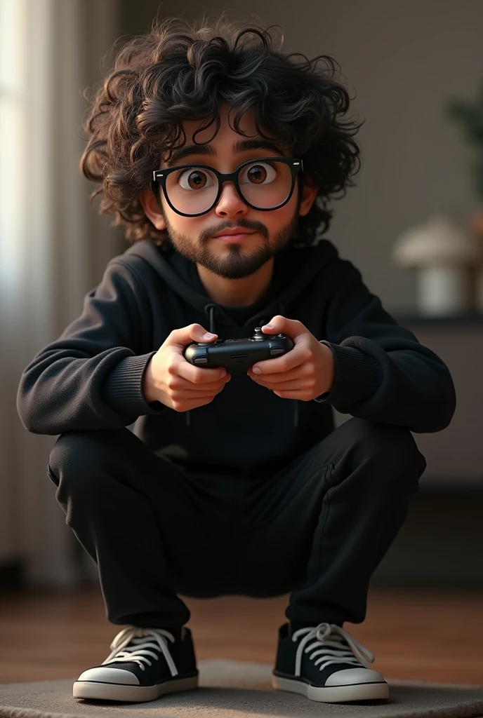 A white skinned boy, long  hair, with curly hair, dark  brown hair, com olhos castanhos, Eyeglasses, wearing a beard. Wearing a black sweatshirt, wearing black pants and sneakers. A video game controller in your hand.