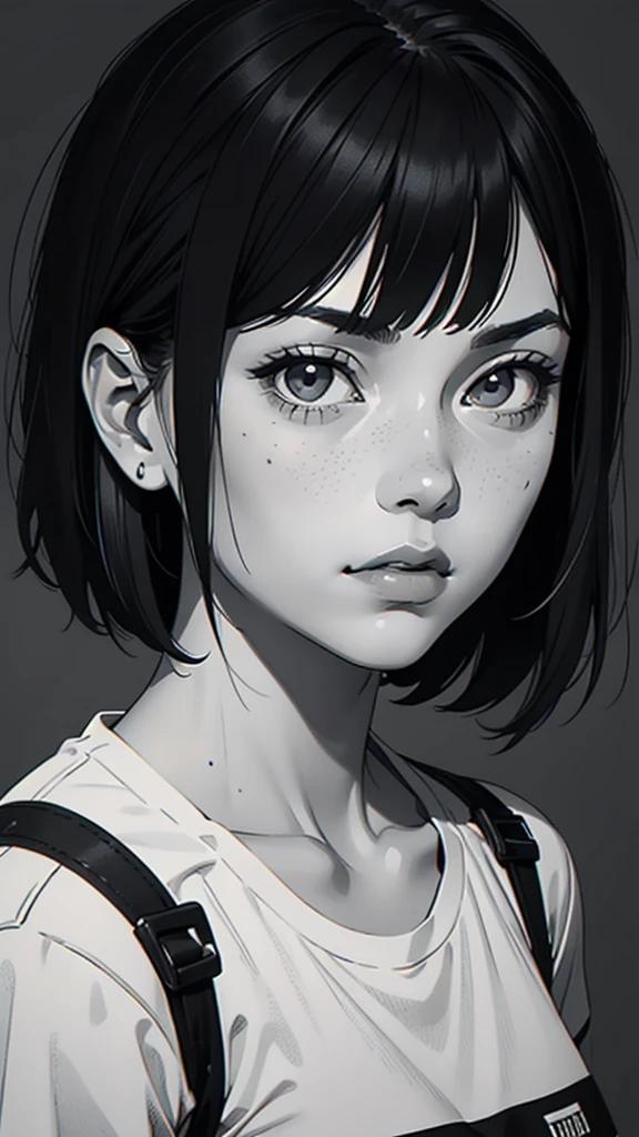 1 boyish girl, solo, sharp eyes, monochrome, greyscale, short black hair, portrait, T-shirt, closed mouth, looking at viewer, graphite \(medium\), detailed lips, hatching \(texture\), without makeup, bangs, upper body, (best illustration), (best quality), (very detailed), (masterpiece), expressionless,