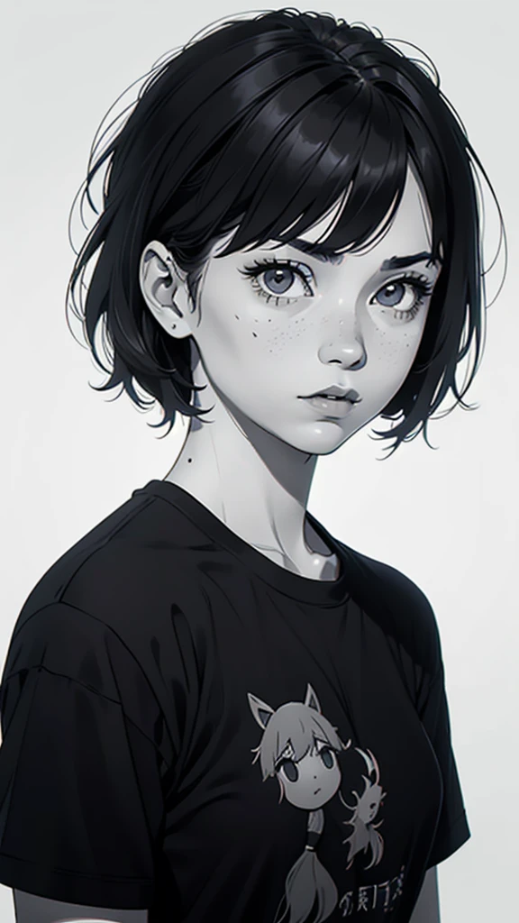 1 boyish girl, solo, sharp eyes, monochrome, greyscale, short black hair, portrait, white T-shirt, Thin eyebrows, closed mouth, looking at viewer, graphite \(medium\), detailed lips, hatching \(texture\), without makeup, bangs, upper body, (best illustration), (best quality), (very detailed), (masterpiece), expressionless,