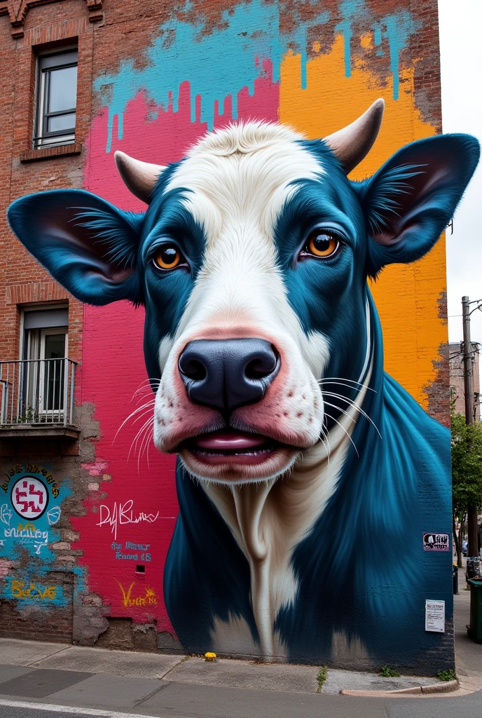 Graffiti of a dog and a cow's face