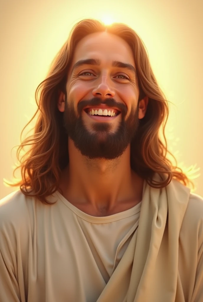 “A front-facing image of Jesus Christ, smiling warmly and radiating happiness. He is dressed in traditional white robes, with His long hair gently framing His face. His eyes sparkle with joy, and His expression is filled with love and compassion. The background is soft and bright, with a gentle glow that adds to the uplifting, joyful atmosphere. The lighting is even, highlighting His serene and happy demeanor, while the focus is on His face and the peaceful energy He exudes.”