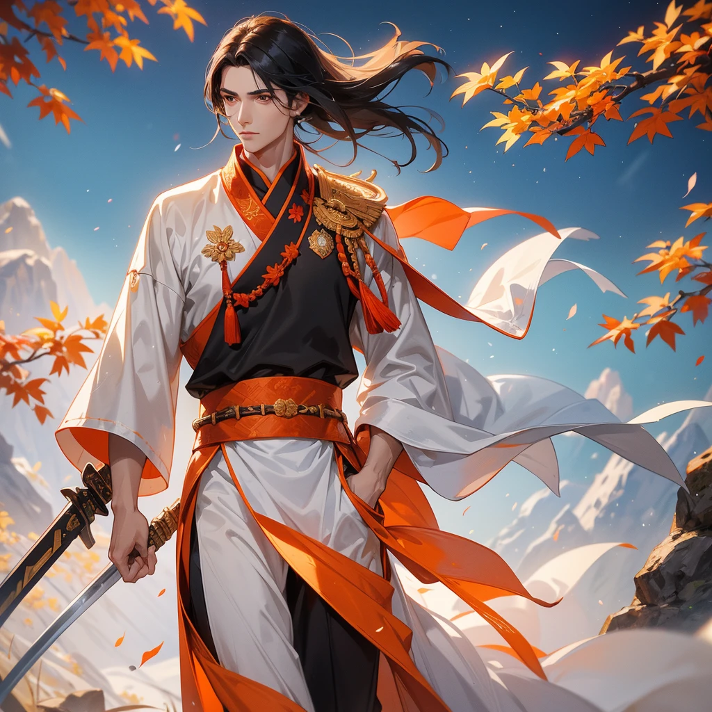 Handsome black-haired male general holding a large sword in white ancient Chinese general costume, walking In the middle of a spring mountain ,the backdrop is a mountain that turns orange-red in spring, and maple leaves fall from the trees. The sun shines and the sun rises, close up.