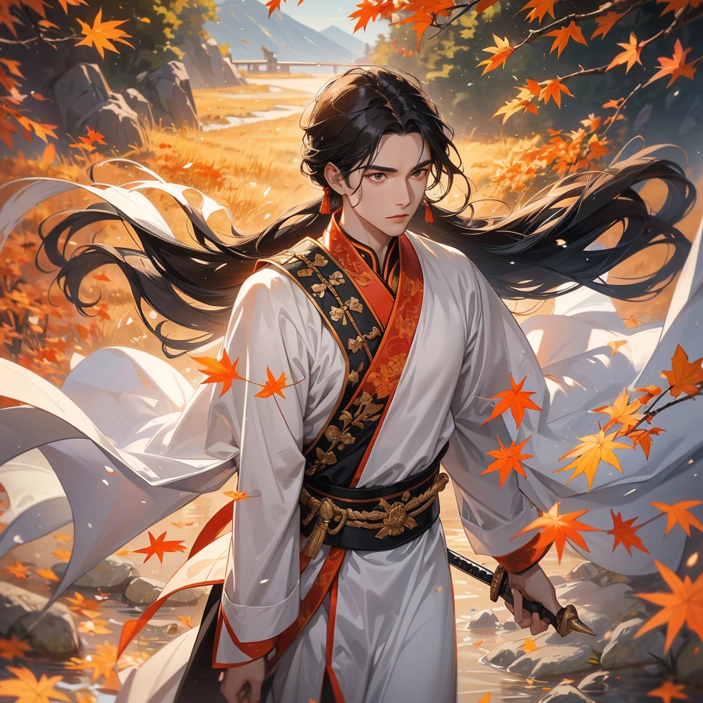 Handsome black-haired male general holding a large sword in white ancient Chinese general costume, walking In the middle of a spring mountain ,the backdrop is a mountain that turns orange-red in spring, and maple leaves fall from the trees. The sun shines and the sun rises, close up.