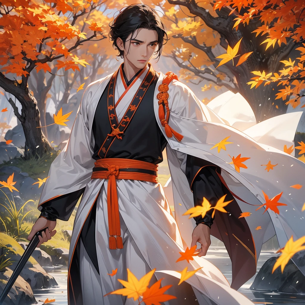 Handsome black-haired male general holding a large sword in white ancient Chinese general costume, walking In the middle of a spring mountain ,the backdrop is a mountain that turns orange-red in spring, and maple leaves fall from the trees. The sun shines and the sun rises, close up.
