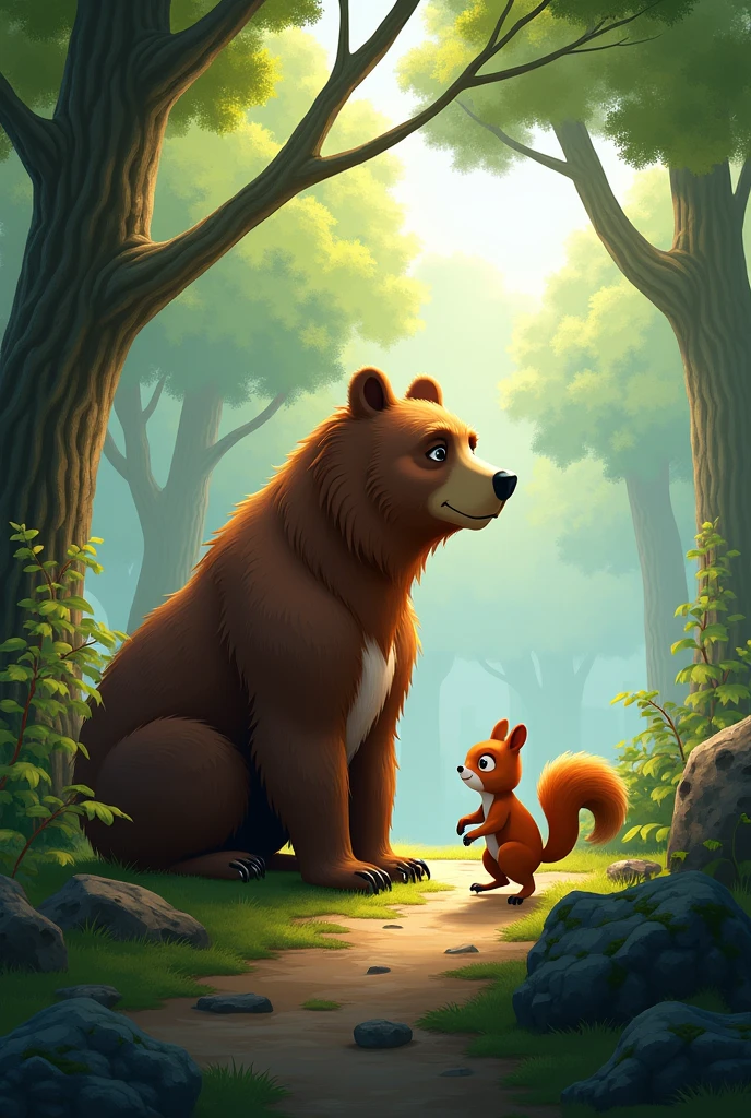 A Bear and Squirrel glimpsing each other from a distance while they go about their activities, looking curious but distant. 