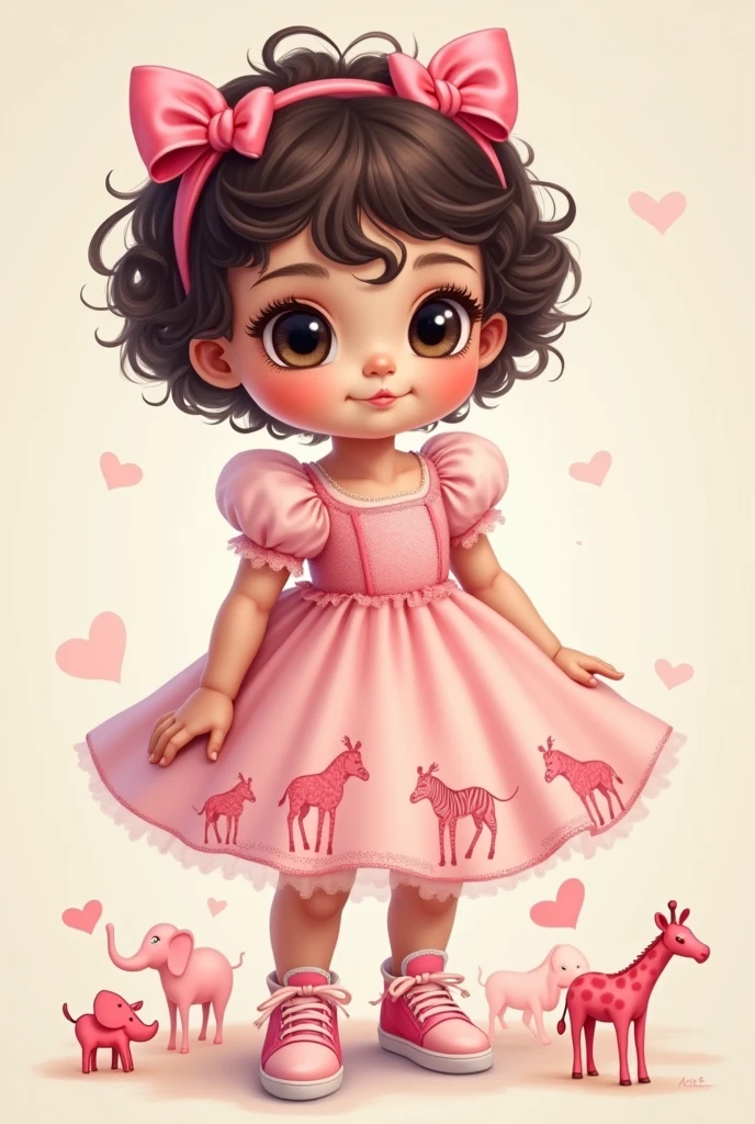 Drawing of a brunette baby with short curly hair with two pink bows on her head, slanted black eyes wearing a princess dress with pink safari animals, standing on pink sneakers