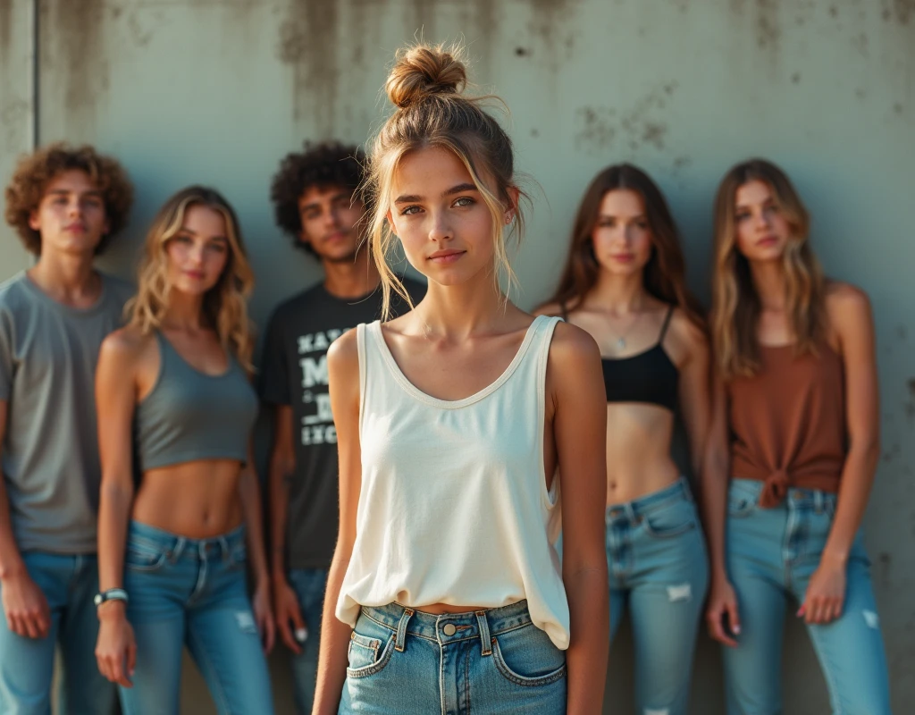 Photo of a girl in skater fashion and her male and female friends. Everyone is wearing a tank top