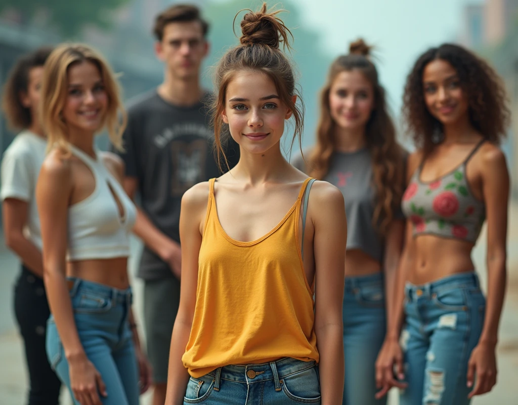 Photo of a  girl in skater fashion and her male and female friends. Everyone is wearing a tank top