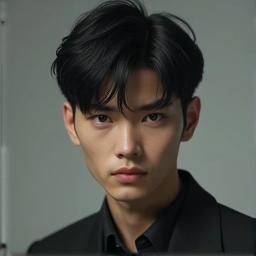 Handsome young man with black hair, black eyes sitting serious
