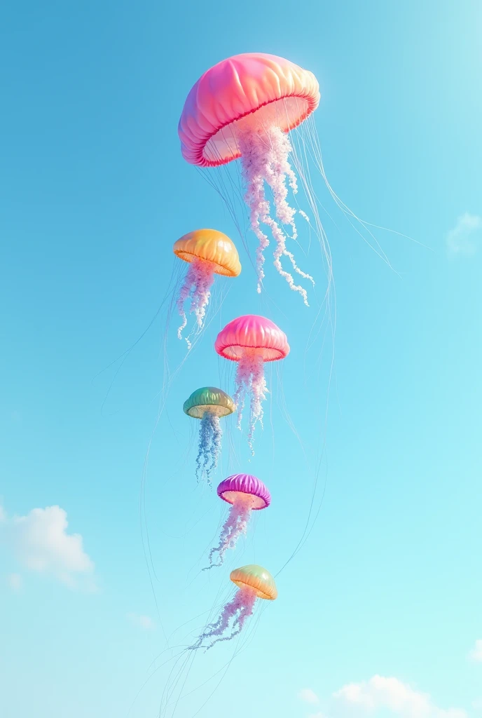 Multicoloured jellyfish rising into the sky,The sky is light blue and there are 5 jellyfish ,In a pyramidal line is how they go up,It is a drawing that is magical surrealist.23 k. hyperreal,improve it a little more make it great.