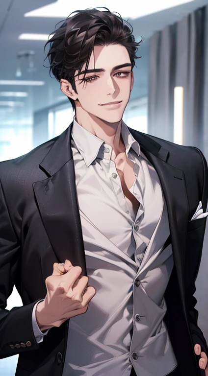 (best quality, masterpiece, 8K, photorealistic, cinematic lighting, 1:4 hdr image, ultra detailed, beautiful image), a mature man, very handsome, ((cold expression smile in love)), short black hair, black eyes, face perfect without mistakes, ((buttoning his jacket, CEO))