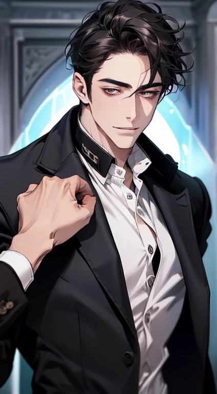 (best quality, masterpiece, 8K, photorealistic, cinematic lighting, 1:4 hdr image, ultra detailed, beautiful image), a mature man, very handsome, ((cold expression smile in love)), short black hair, black eyes, face perfect without mistakes, ((buttoning his jacket, CEO))