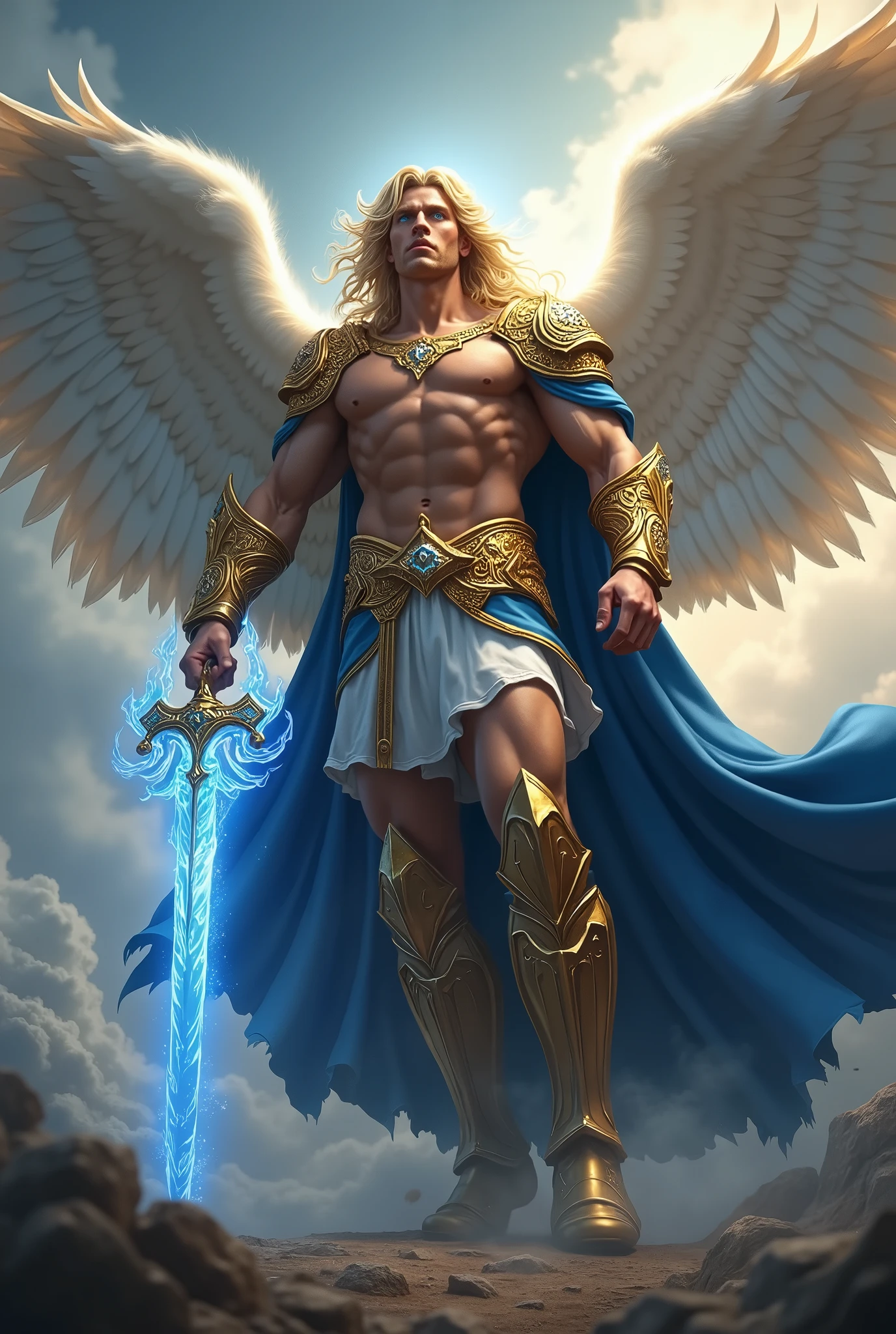 Create a highly detailed and realistic image of Archangel Michael, inspired by the biblical description from the 1611 King James Version of the Bible. Depict him as a commanding celestial warrior with a muscular and athletic body, bright, piercing blue eyes, and long, flowing blonde hair. He should be wearing a golden celestial armor intricately carved with sacred symbols and a flowing royal blue cape draped over his shoulders. Michael holds a flaming sword with blue flames enveloping the blade, radiating divine light, while his massive, detailed wings with white and gold feathers shine intensely. The background is a celestial battlefield, with dense clouds and storms of divine light on the horizon, symbolizing the eternal struggle between good and evil. The lighting should be dramatic, with divine rays illuminating Michael at the center of the image, creating an intense contrast with the background. Use a low-angle perspective to emphasize his grandeur, and apply a depth of field that highlights his figure while slightly blurring the background, adding an ethereal effect to the scene.