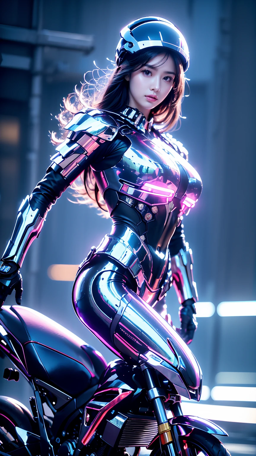 Highest picture quality, Outstanding details, Ultra high resolution, (realism: 1.4), best illustrations, Favor details, 1girl, beautiful girl, big breasts, very cute, With a delicate and beautiful face, Strip naked and dress in a dark purple machine.,And white, Wear a mecha helmet., Hold the directional control, riding a motorcycle, The background is a high-tech light scene of a futuristic city..