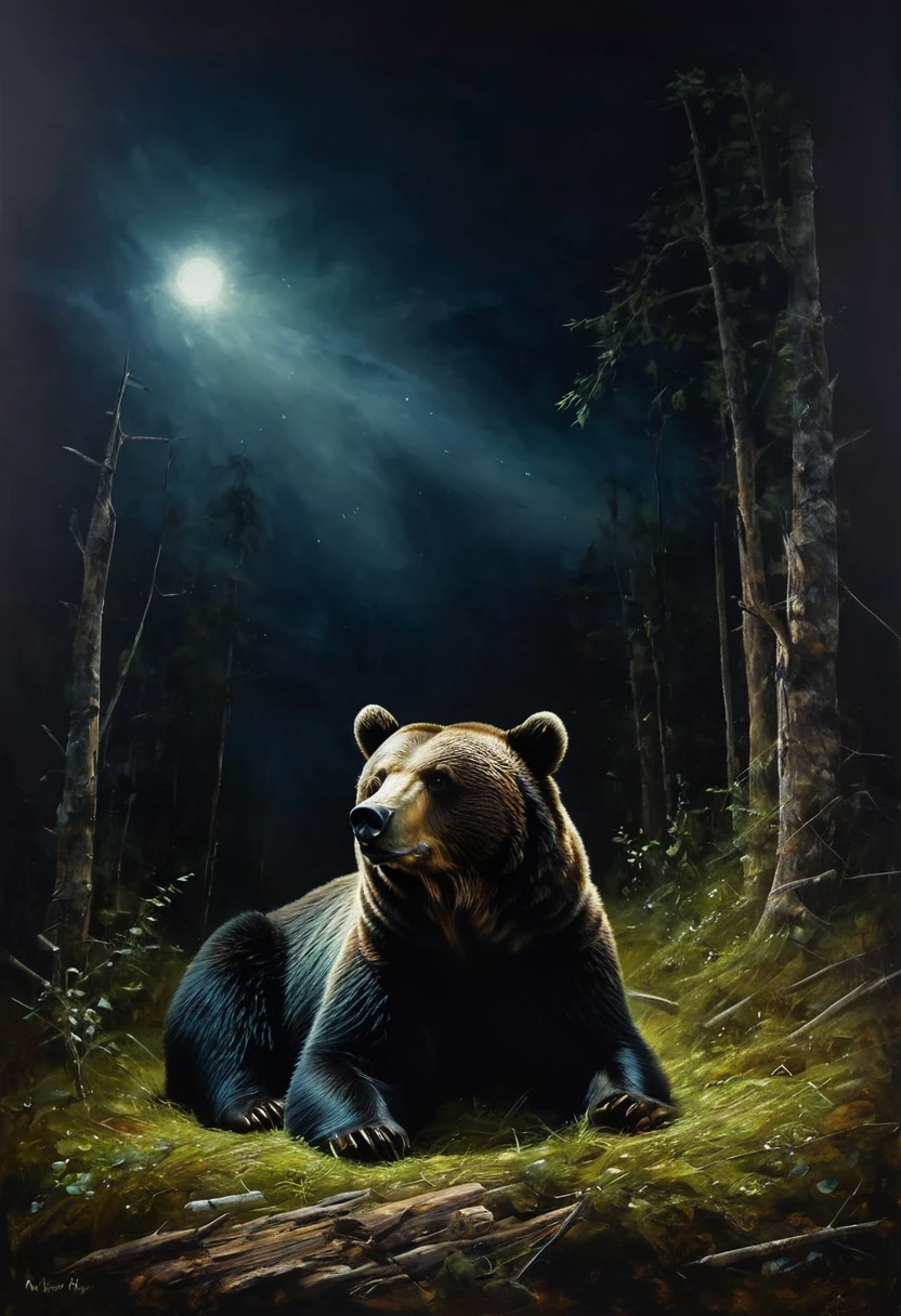 painting of a the bear is lying in the clearing, dark atmosphere, cinematic scene, volumetric lights, ultra realistic, in the style of nicola samori