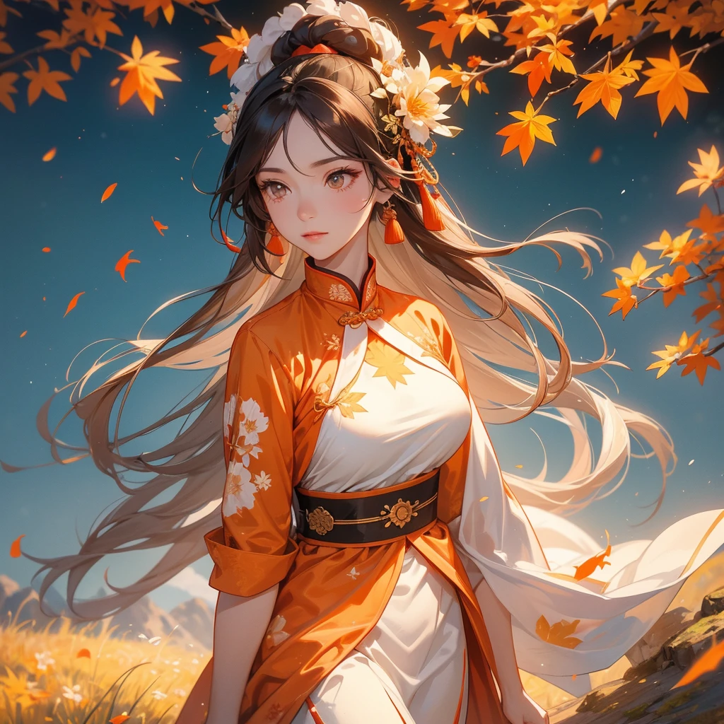 A beautiful female general holding a big spear in white ancient Chinese general costume, walking In the middle of a spring mountain ,the backdrop is a mountain that turns orange-red in spring, and maple leaves fall from the trees. The sun shines and the sun rises, close up.