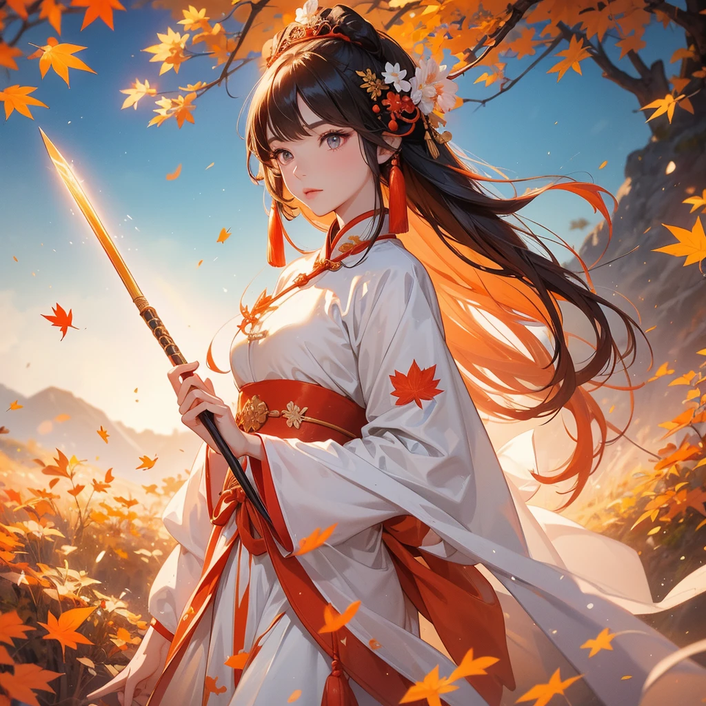 A beautiful female general holding a big spear in white ancient Chinese general costume, walking In the middle of a spring mountain ,the backdrop is a mountain that turns orange-red in spring, and maple leaves fall from the trees. The sun shines and the sun rises, close up.