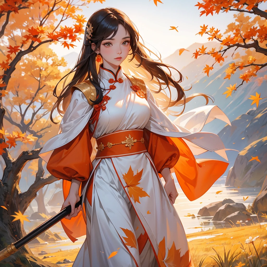 A beautiful female general holding a big spear in white ancient Chinese general costume, walking In the middle of a spring mountain ,the backdrop is a mountain that turns orange-red in spring, and maple leaves fall from the trees. The sun shines and the sun rises, close up.