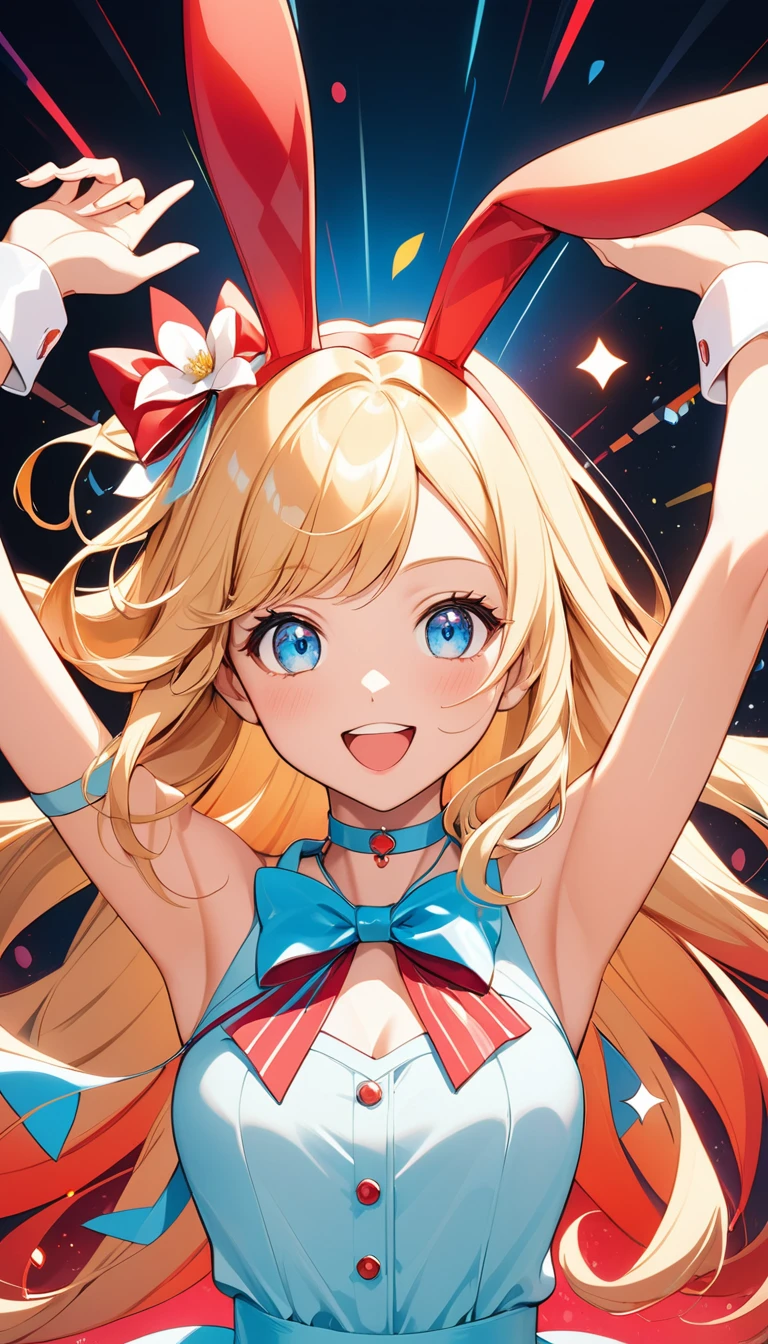 Vibrant, anime-style illustration featuring a female character with long, flowing blonde hair and blue eyes. She is dressed in a shiny. The character is posed with her arms raised, hands forming bunny ears, and has a playful expression on her face. She is accessorized with white cuffs on her wrists and a choker with a bow around her neck. The background is a solid bright red, adorned with small, white flower motifs, enhancing the lively and cheerful atmosphere of the image.