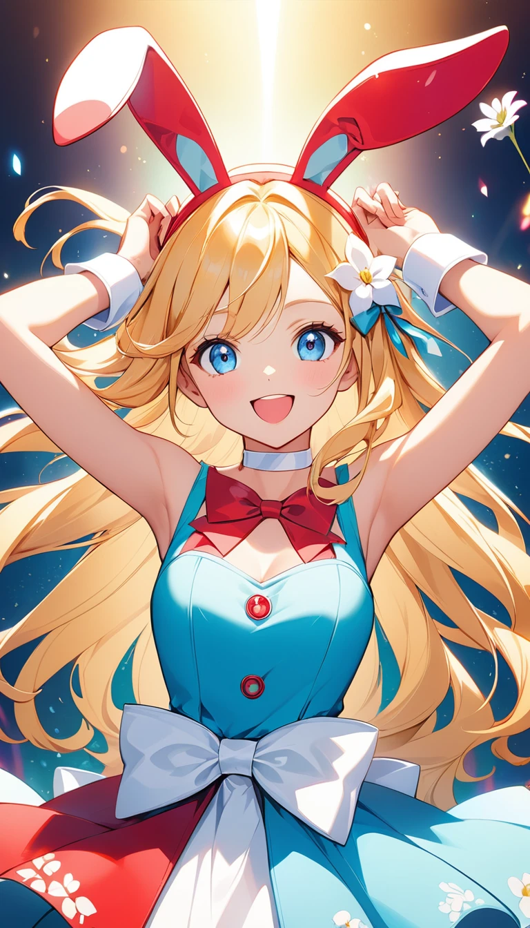 Vibrant, anime-style illustration featuring a female character with long, flowing blonde hair and blue eyes. She is dressed in a shiny. The character is posed with her arms raised, hands forming bunny ears, and has a playful expression on her face. She is accessorized with white cuffs on her wrists and a choker with a bow around her neck. The background is a solid bright red, adorned with small, white flower motifs, enhancing the lively and cheerful atmosphere of the image.