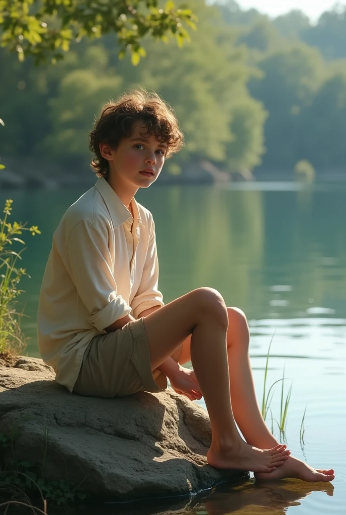 A beautiful boy of 14 fourteen years old, sitting in a lake next to a rock, in light clothing, by rubio, light eyes, very beautiful, European traits, a very cute boy.