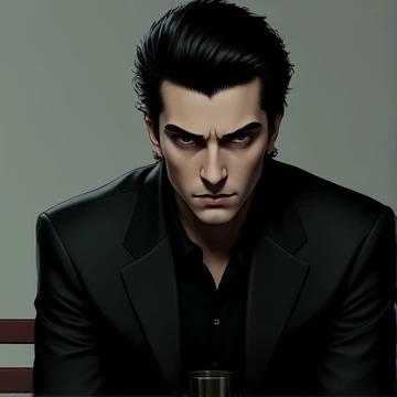 BLACK HAIR MAN, black eyes sitting serious 