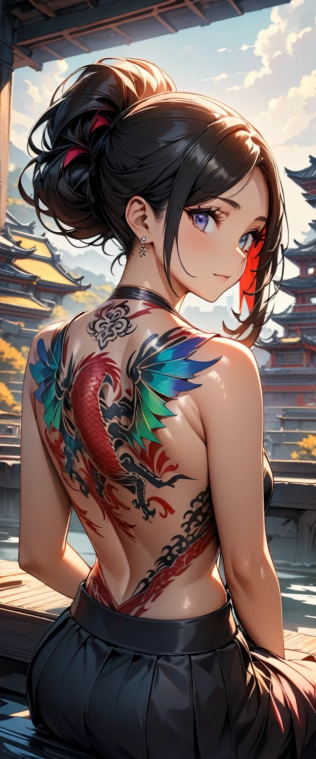 (Highest quality:1.2, Very detailed, up to date, Vibrant, Ultra-high resolution, High Contrast, masterpiece:1.2, Highest quality, Best aesthetics), (((1 person))), From the back, big dragon tattoo on back, Back Tattoo, Beautiful Nudes, Beautiful back, Put your hair up, Nape, Detailed tattoo representation, Colorful tattoo dragon, Great images, A woman with a slender physique, The kimono flutters, Beautiful Skin, (Expression of fine eyes:1.2), Beautiful woman looking back, Sitting, Cowboy Shot, Black Hair, Long Hair, Dutch Angle,