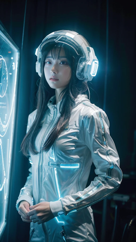 DSLR full color photo, a cyberpunk alien crystalline spaceship with  amazingly intricate details, crystal forms can be seen in the background, lights, steam, fog rise from the ship, an alien female wearing a complex  revealing spacesuit, she is sexy but still alien, lots of gadgets and alien glyphs, her transparent visor shows human details that have departed from earth humas eons ago
Dark, chiaroscuro, low-key
