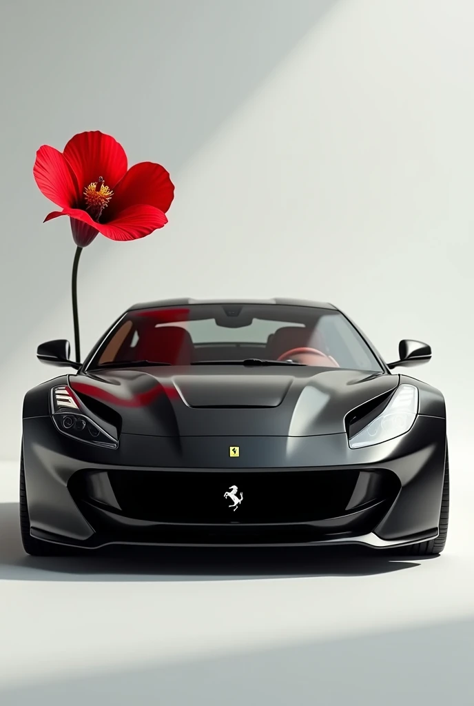 A  black colour Ferrari is standing, one red
 flower 