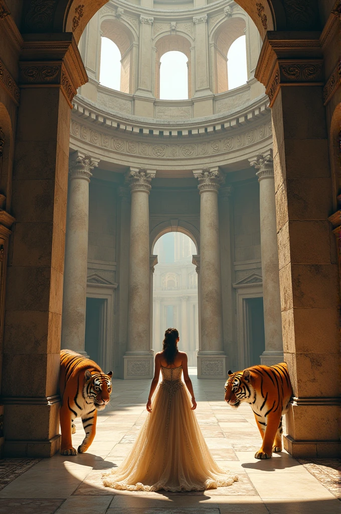 Create a princess by choosing from a distance between two doors in a coliseum, roman style, On one side a lady and on the other door a tiger