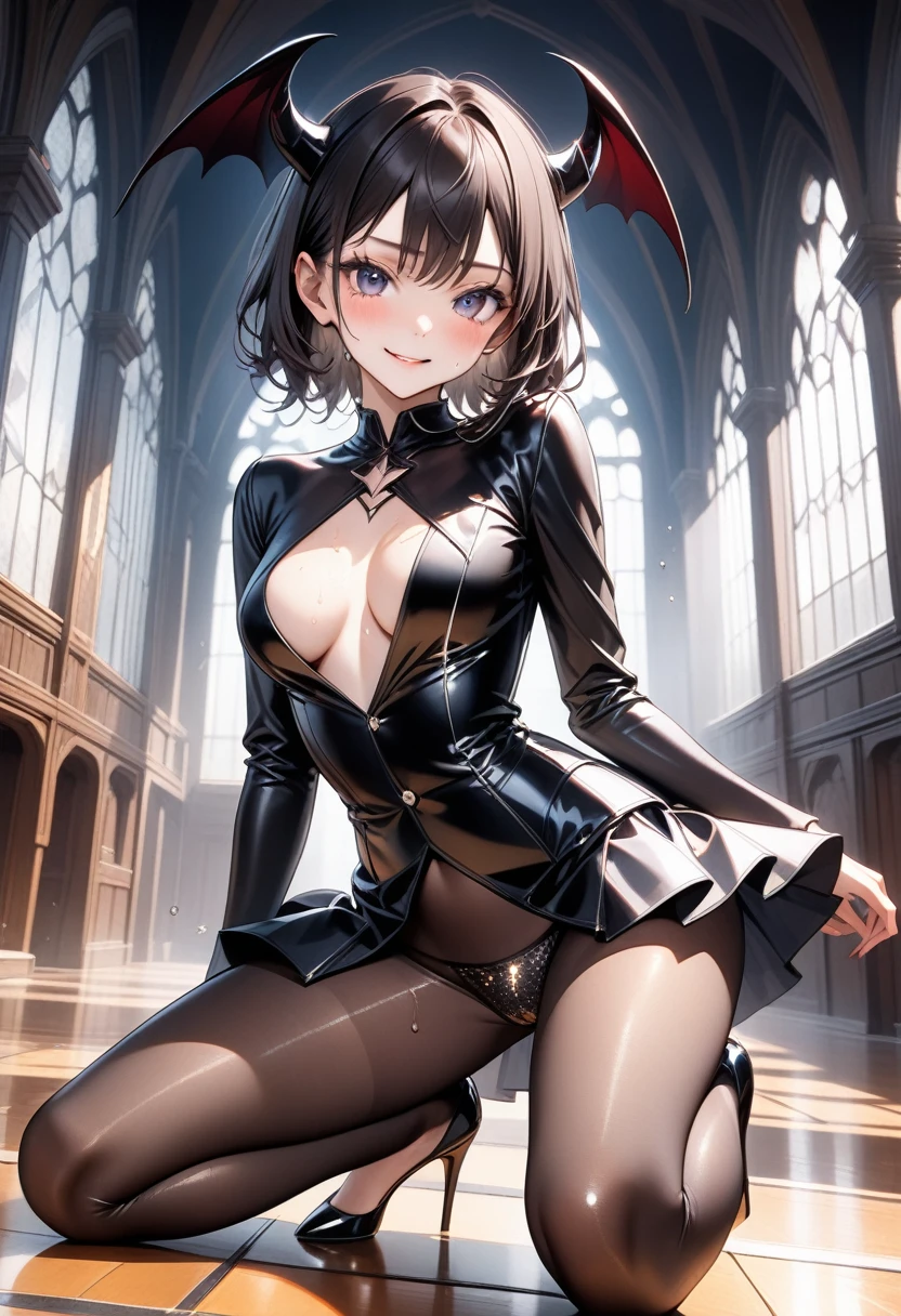 grim reaper, (Evil smile), (((Cult Costume, Leather panties, skirt, Pantyhose, Stiletto heels))), ((Shiny Costumes)), ((skindentation)), skinny, solo, 1 woman, Masterpiece, highest quality, highest quality, 16K, incredibly absurd, highly detailed, 2.5D, ai-generated, delicate and dynamic, very delicate facial expressions, delicate eye depiction, erotic, only sexy woman, ((A cute and kind face)), healthy figure, ((1 woman)), 160cm tall, medium firm swaying bust, Dark Hair, blush, Sweat,Embarrassed,sexy, ((thin thighs)), shiny and lustrous, facing straight at viewer, (((in heat))), ((Oily_skin)), ((Lots of sweat)), ((dutch angle)), ((erotic pose)), (((Dynamic Pose))), ((Transparent and sparkling costume)), ((Demon World's Great Hall)), (sit),