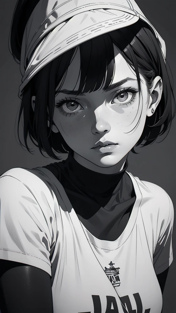 1 boyish girl, solo, sharp eyes, monochrome, greyscale, short black hair, portrait, T-shirt, closed mouth, looking at viewer, graphite \(medium\), detailed lips, hatching \(texture\), without makeup, bangs, upper body, (best illustration), (best quality), (very detailed), (masterpiece), expressionless,