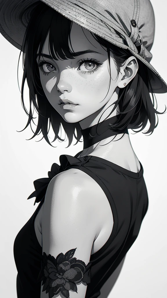 1 boyish girl, solo, sharp eyes, monochrome, greyscale, short black hair, portrait, T-shirt, closed mouth, looking at viewer, graphite \(medium\), detailed lips, hatching \(texture\), without makeup, bangs, upper body, (best illustration), (best quality), (very detailed), (masterpiece), expressionless,